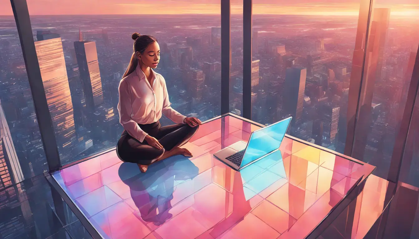 Mulher de negócios meditando em posição de lótus sobre chão de vidro alto acima do horizonte da cidade ao pôr do sol, com laptop fechado ao lado, simbolizando a meditação e produtividade no trabalho.