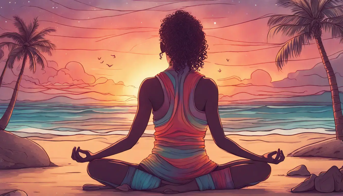 Imagem de uma pessoa meditando na praia ao pôr do sol, corpo transparente mostrando um universo vibrante, praticando meditação mindfulness para iniciantes.