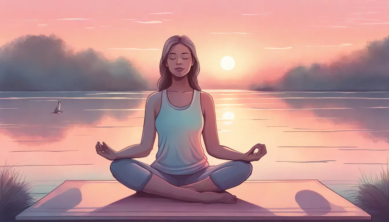 Mulher serena meditando em um tapete de yoga com um pôr do sol tranquilo ao fundo, refletindo cores pastéis no corpo de água - Imagem para meditação para iniciantes.