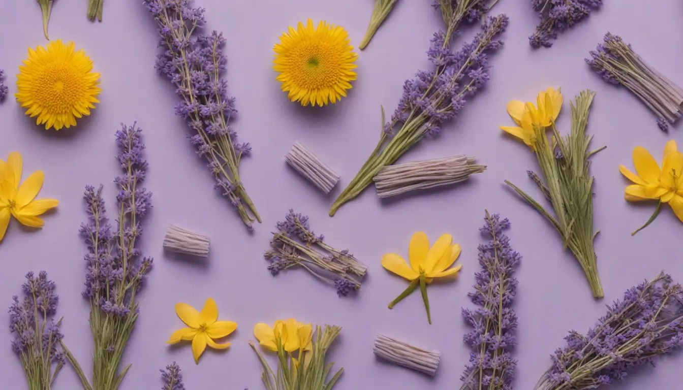 Raiz de gengibre fresca com ervas para remédios naturais de enxaqueca - camomila, hortelã, mel e lavanda sobre madeira clara.