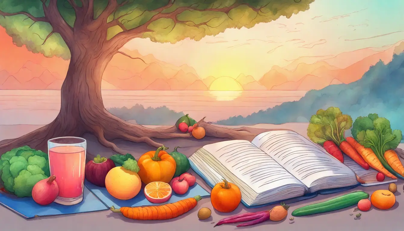 Imagem representando a saúde holística com uma árvore feita de frutas e vegetais, tapete de yoga, um livro aberto e um copo de água ao nascer do sol em uma paisagem natural.