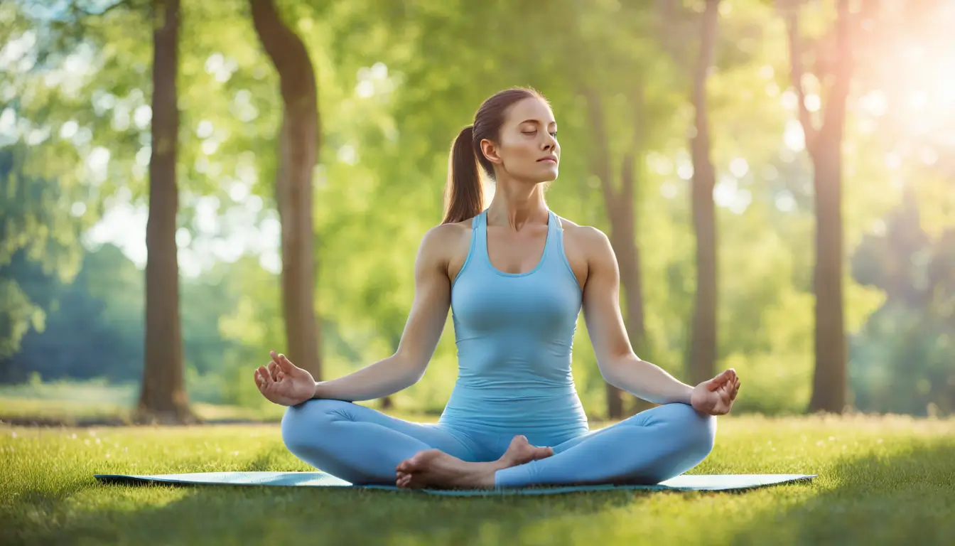 Mulher meditando em um parque ao ar livre, vestindo roupa de yoga azul clara, cercada por aura colorida, promovendo bem-estar físico e mental.