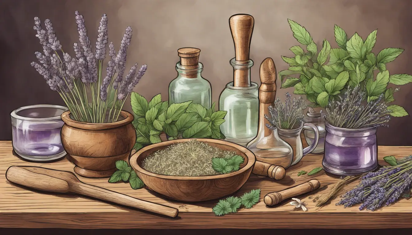 Imagem de ervas medicinais como lavanda, camomila, hortelã e ginseng em uma mesa de madeira rústica com um pilão de vidro vintage - remédios naturais para melhorar a vida.