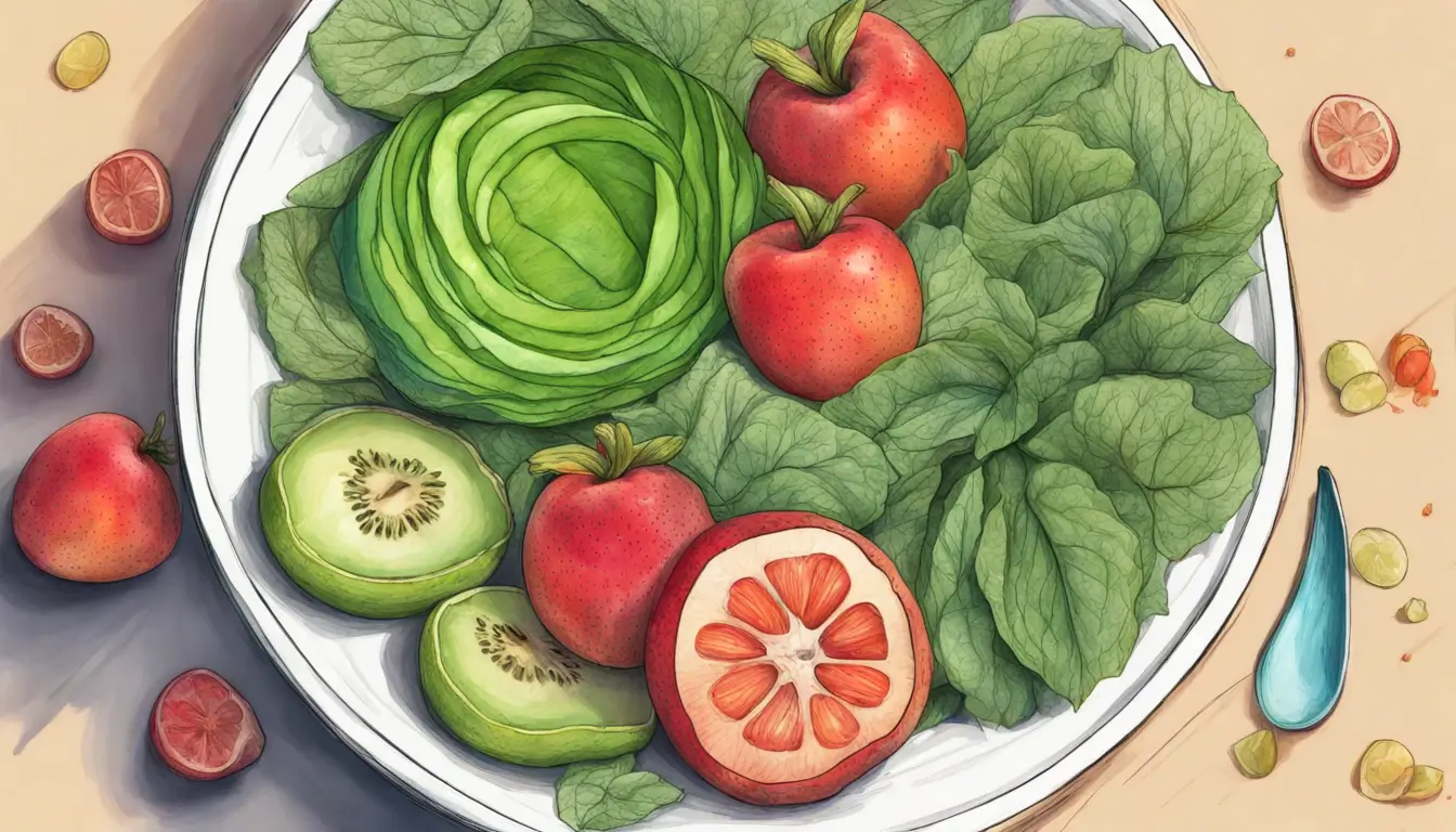 Cozinha saudável com frutas e vegetais coloridos, destacando a importância de uma alimentação saudável para o bem-estar.