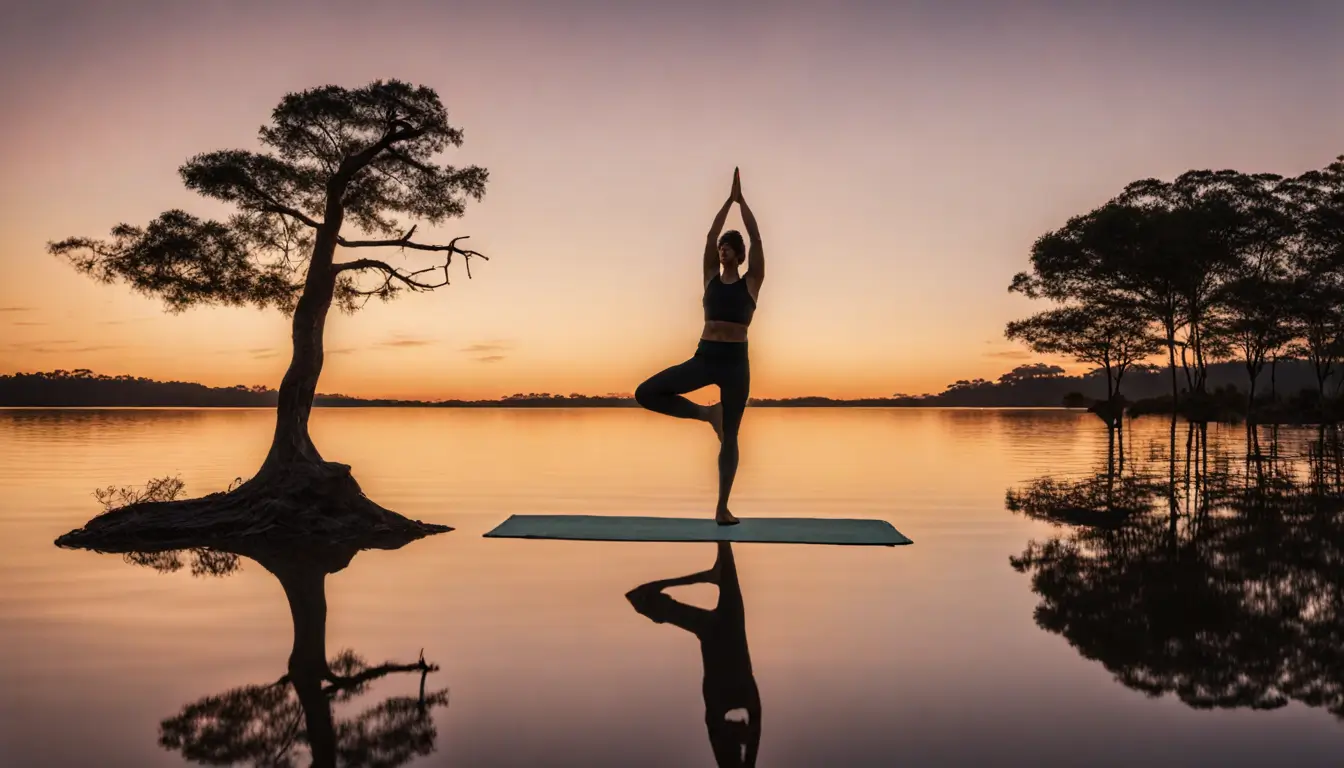 Homem e mulher praticando a postura de Árvore em yoga ao lado de um lago ao pôr do sol, refletindo equilíbrio e bem-estar.