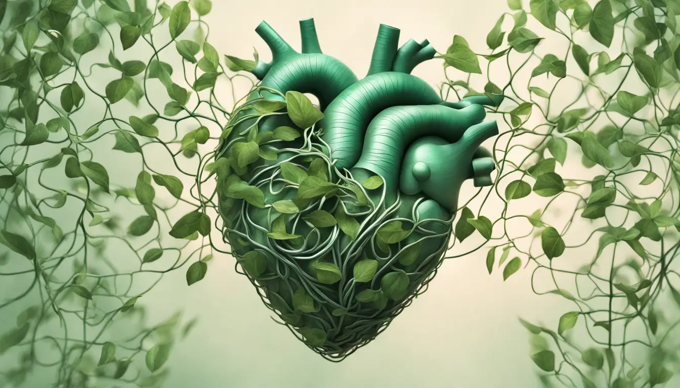 Ilustração em 3D de um coração humano feito de vinhas e folhas entrelaçadas, com fundo de folhagem verde desfocada, luz natural suave.