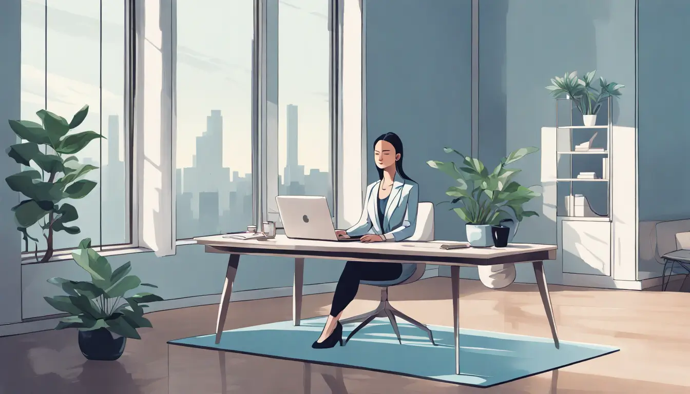 Mulher de negócios meditando em escritório moderno com plantas e luz natural, representando a integração de práticas holísticas no cotidiano corporativo.