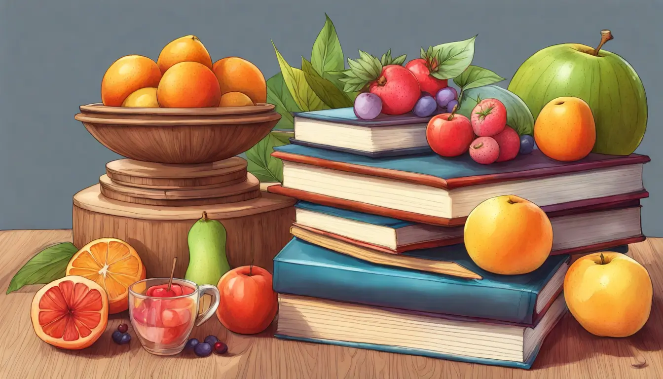 Uma seleção de vitaminas e minerais com frutas e livros sobre foco e nutrição, indicando como a dieta pode ajudar na concentração.
