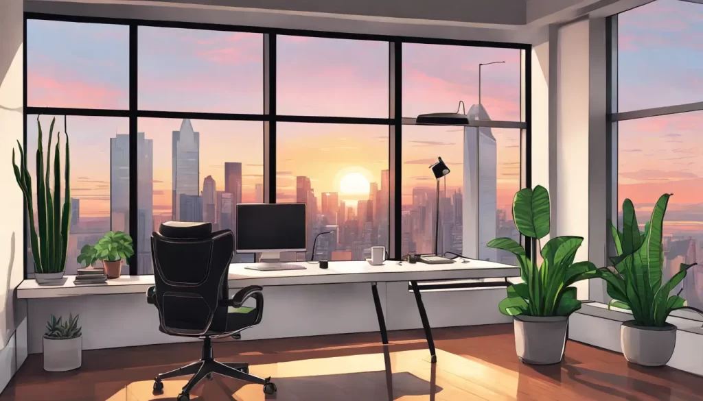 Escritório moderno e minimalista com mesa branca, monitor de alta resolução, cadeira ergonômica preta e planta verde, com vista para a cidade ao pôr do sol.