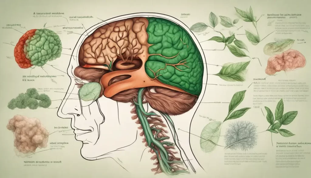 Cérebro feito de folhas verdes com suplementos e ervas para foco cerebral sobre uma mesa de madeira, relacionado a saúde mental.