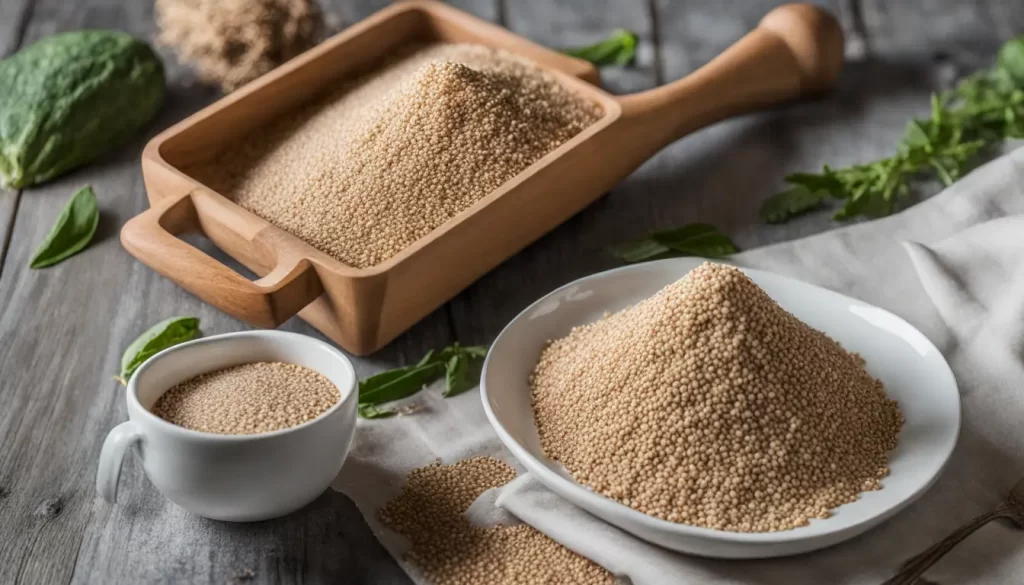 Alimentos integrais e energéticos como amêndoas, abacates e quinoa, arranjados artisticamente em uma mesa sob luz natural, representando uma alimentação consciente.