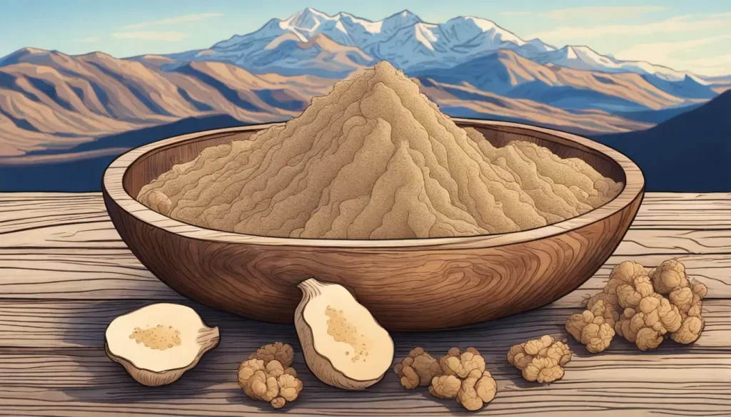 Pó de maca peruana orgânica em tigela de madeira, raízes frescas ao redor, com a Cordilheira dos Andes ao fundo, representando energia e vitalidade.