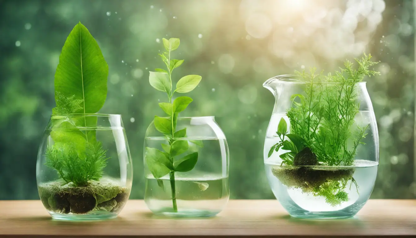 Imagem representando água pura e saudável com um copo transparente e jarra rodeados de folhas verdes, simbolizando a qualidade da água na saúde integral.
