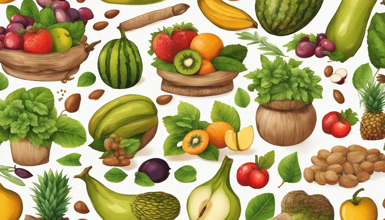 Produtos naturais como frutas, legumes e grãos integrais, dispostos numa mesa rústica, simbolizando saúde e bem-estar.