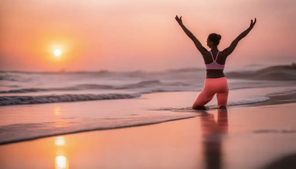 Prática de ioga ao amanhecer na praia, simbolizando os benefícios da luz solar para a saúde e bem-estar.