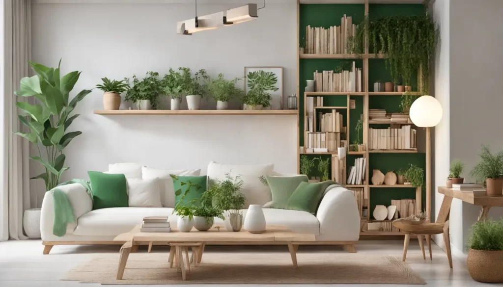 Interior sereno com elementos de decoração que promovem saúde e bem-estar, destacando a luz natural e plantas, perfeito para espaços de cura.