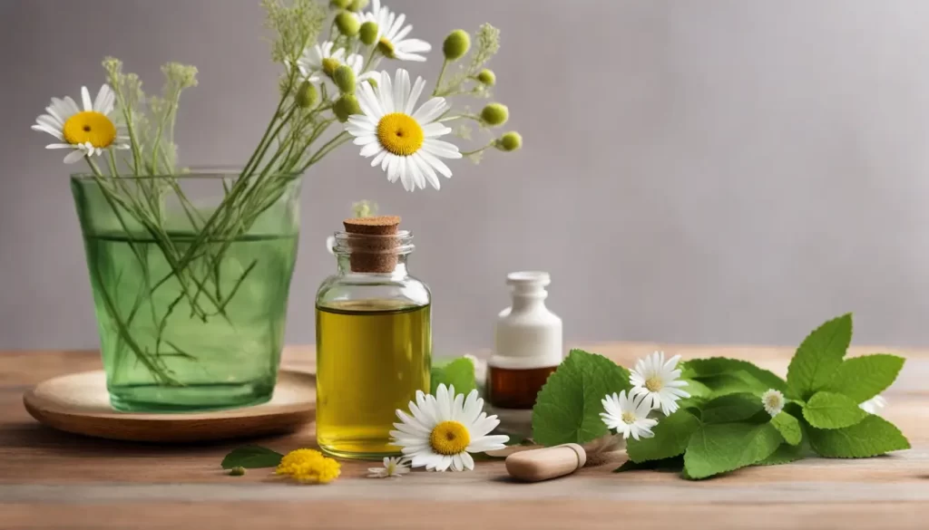 Elementos de fitoterapia como planta de camomila, óleo essencial, livro de ervas, xícara de chá e ervas secas em mesa de madeira para redução de estresse.