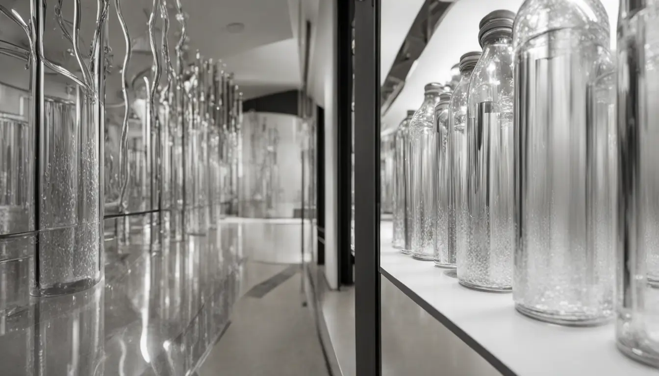 Garrafa de prata coloidal com esferas de prata em um laboratório, representando os benefícios da prata para saúde no blog Milagres Metálicos.