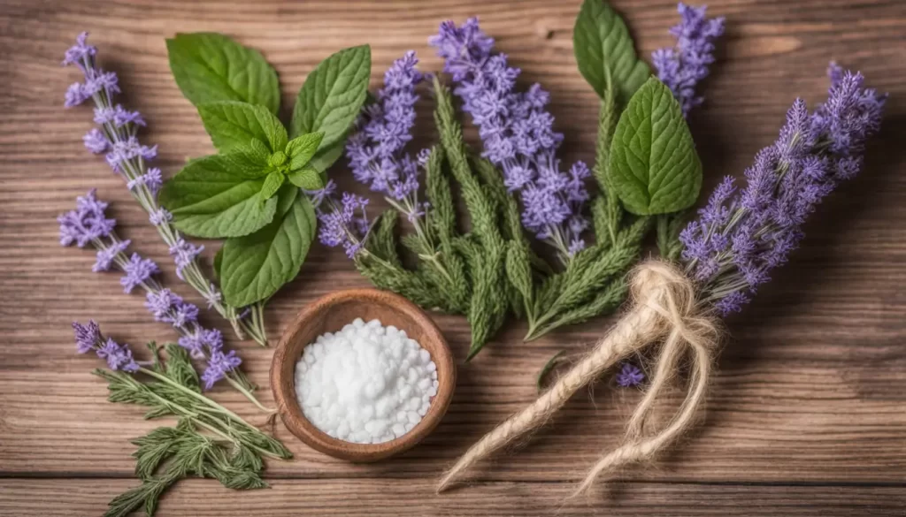 Composição de plantas medicinais como camomila e lavanda, utilizadas para aliviar dores, em superfície de madeira, destacando a cura pela natureza.