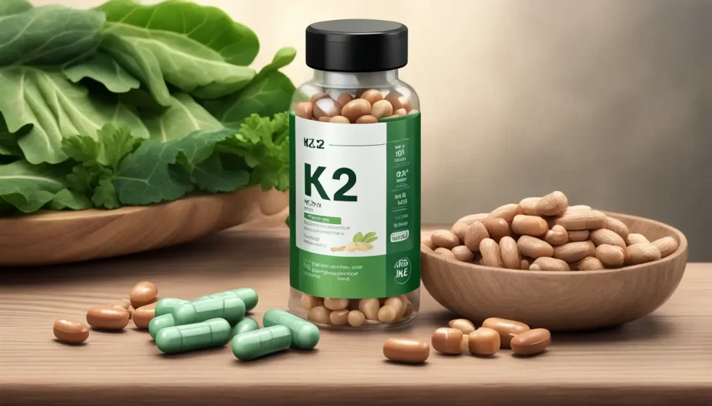 Garrafas de cápsulas de Vitamina K2 e comprimidos de Magnésio em uma mesa de madeira, com vegetais verdes e nozes ao fundo.