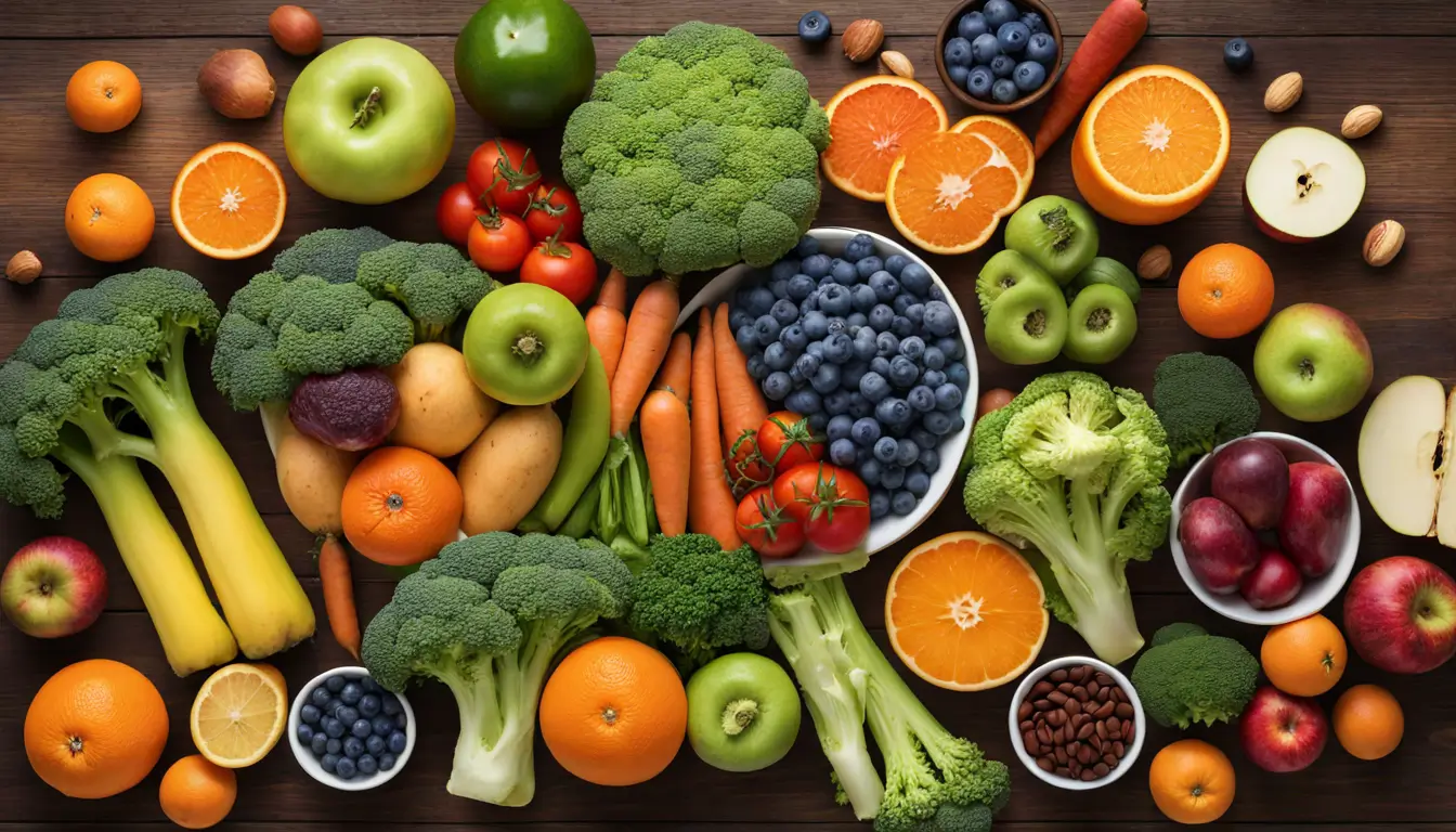 Variedade de frutas e vegetais coloridos em uma mesa de madeira, promovendo uma alimentação diversificada e saudável.