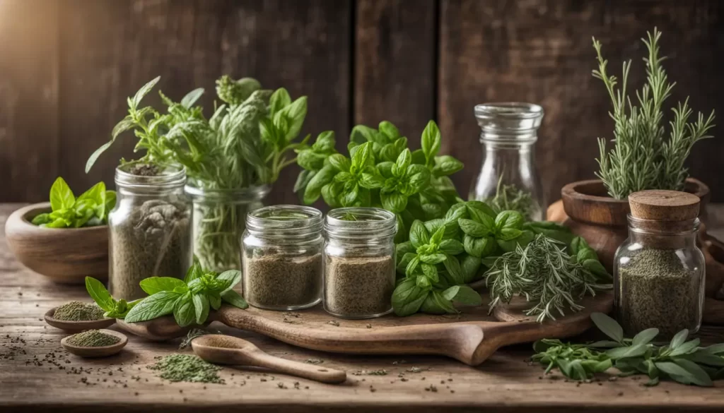 Uma mesa de madeira rústica com ervas frescas como manjericão, menta e alecrim, pilão com ervas moídas e frascos de ervas secas.