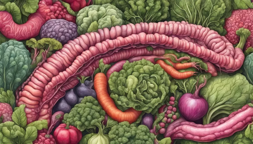 Ilustração detalhada de intestino humano saudável representado como um jardim fértil com vegetais e frutas, destacando a importância de uma alimentação saudável.