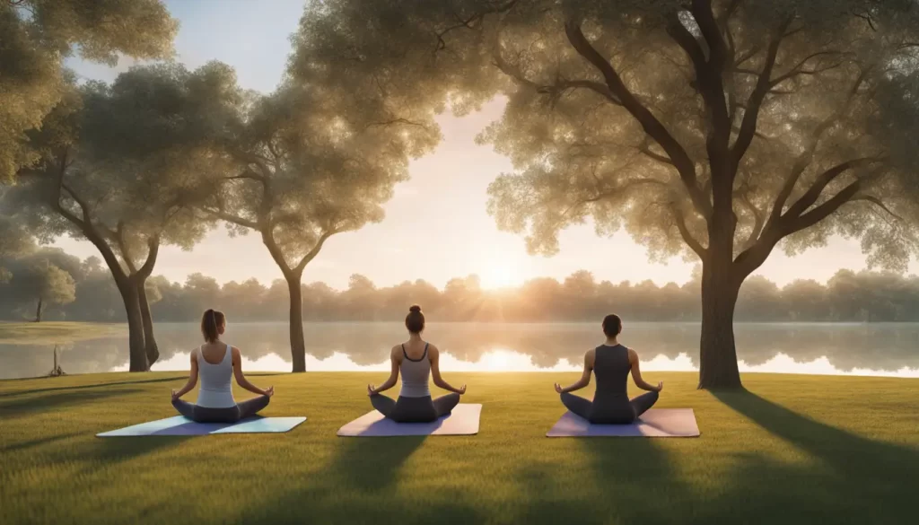 Grupo diversificado praticando yoga ao amanhecer em um parque tranquilo, simbolizando como o exercício pode beneficiar a saúde mental.