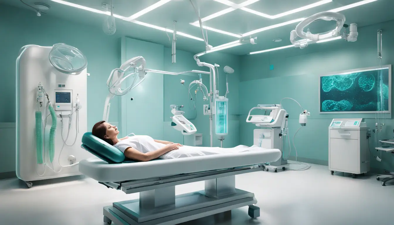 Imagem de paciente recebendo ozonioterapia em ambiente médico moderno, transmitindo sensação terapêutica.