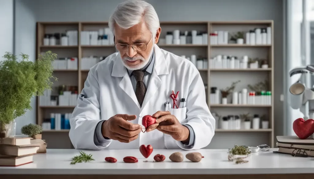 Cardiologista examinando modelo de coração e ervas medicinais, representando a medicina integrativa para saúde do coração.