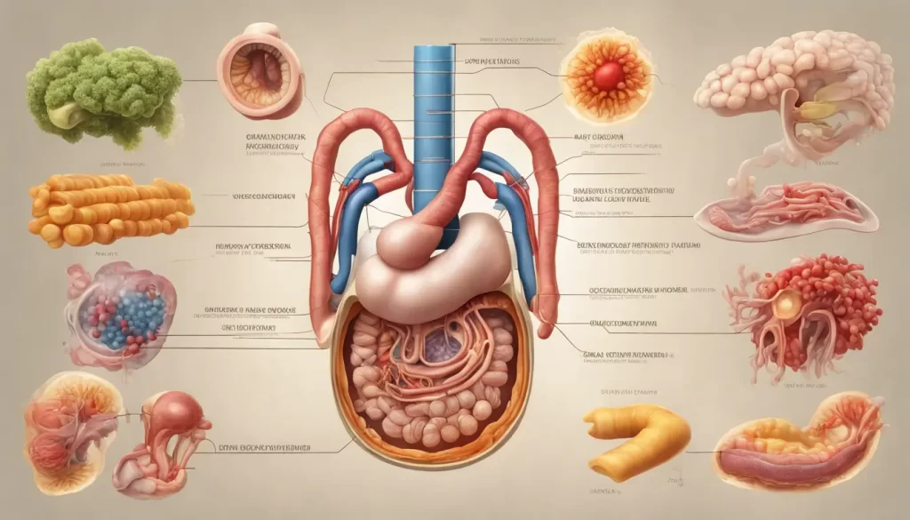 Ilustração anatômica detalhada do sistema digestivo humano com enzimas coloridas atuando na digestão, ideal para entender como as enzimas digestivas melhoram a saúde.