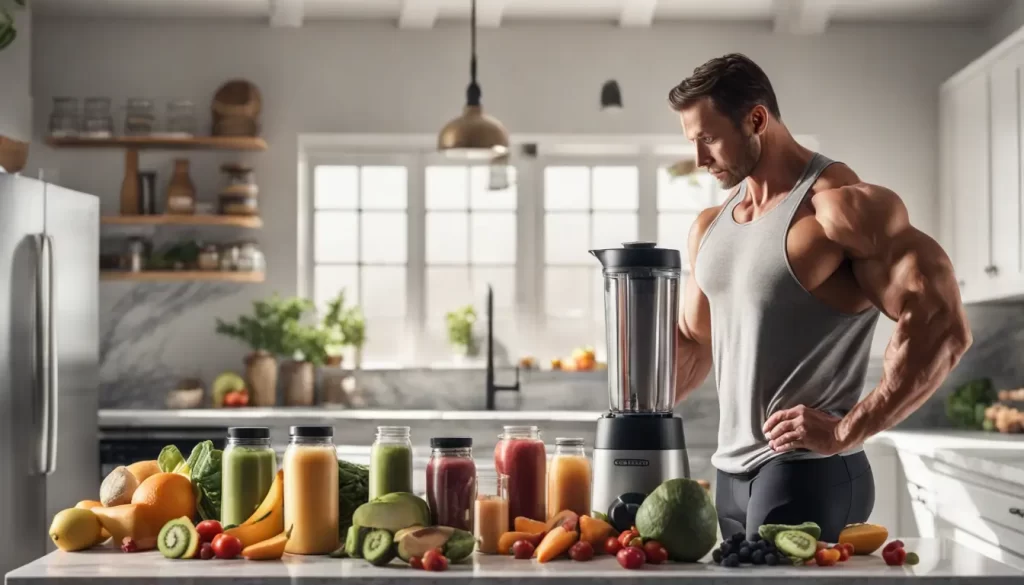 Homem musculoso preparando smoothie com suplementos naturais e alimentos frescos na cozinha, iluminado por luz natural.