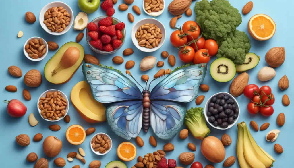 Ilustração de uma glândula tireoide em forma de borboleta com alimentos saudáveis como nozes, frutas e legumes ao redor.