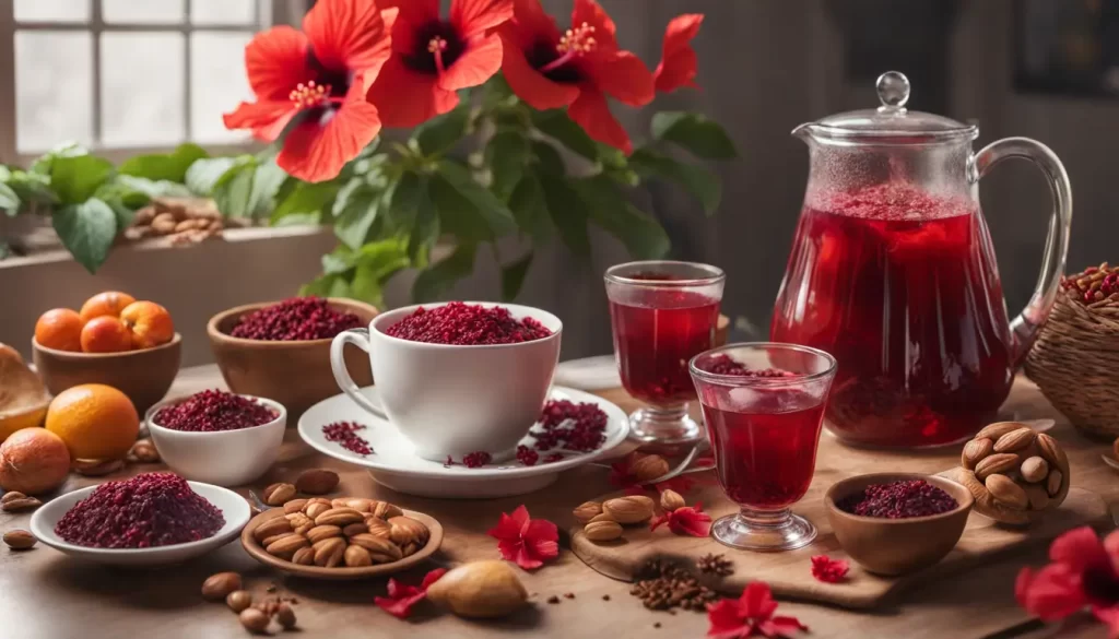 Xícara de chá de hibisco com vapor, cercada por alimentos saudáveis e flores de hibisco frescas, em uma mesa de cozinha iluminada.