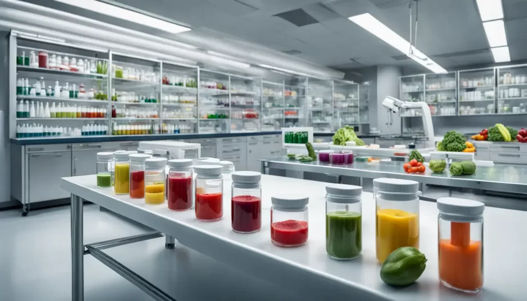 Laboratório moderno com mesa de vidro exibindo vegetais e frutas coloridas de um lado e ampolas de exames de sangue do outro, em ambiente estéril.