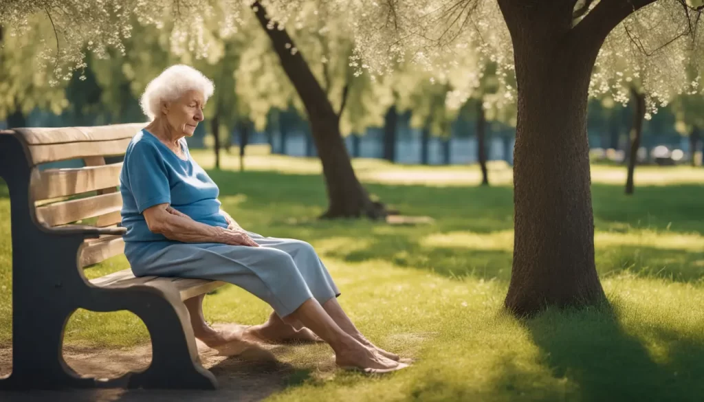 Idosa sentada em um banco de parque massageando as pernas para melhorar a circulação, destacando a importância do autocuidado.