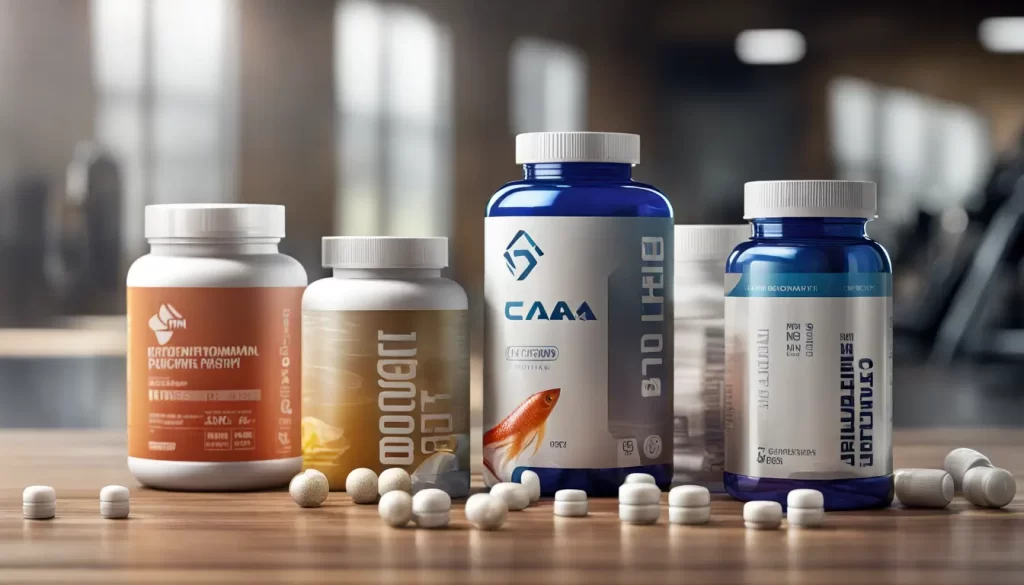 Imagem de cinco tipos de suplementos para ganho de massa muscular, incluindo pote de proteína, BCAA, creatina, multivitamínico e cápsulas de ômega-3, com um fundo desfocado de academia.