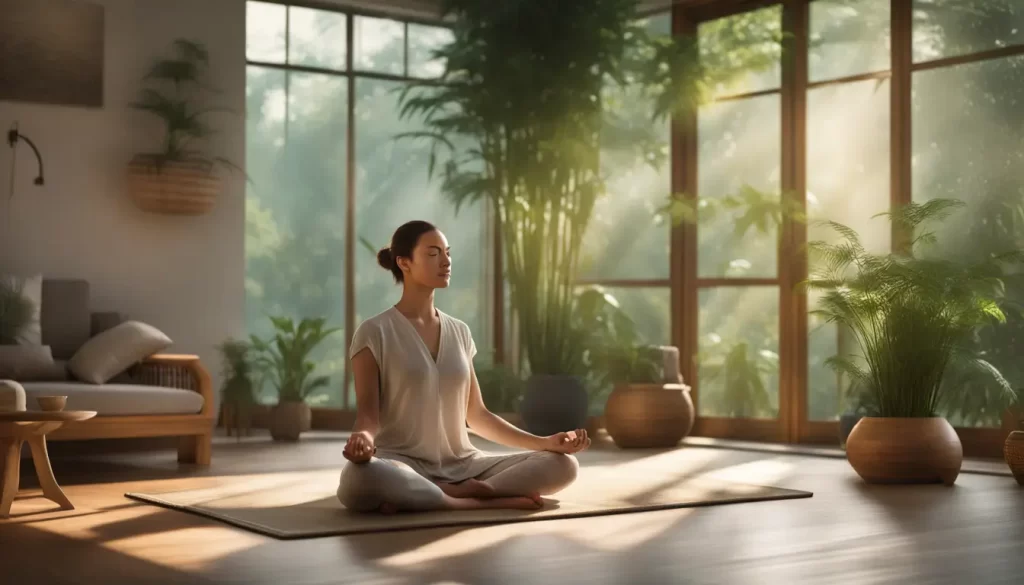 Mulher jovem meditando em ambiente tranquilo com plantas e móveis de madeira, promovendo um estilo de vida natural e holístico.