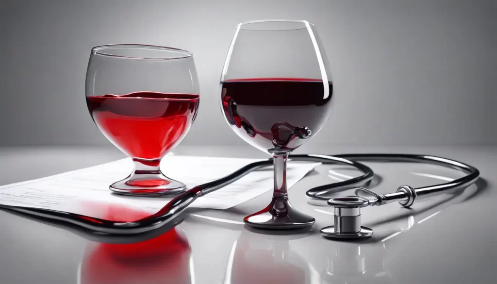 Imagem de um copo em forma de coração com líquido vermelho e um copo de vinho, acompanhados de um relatório médico e estetoscópio, simbolizando a relação entre álcool e risco cardiovascular.