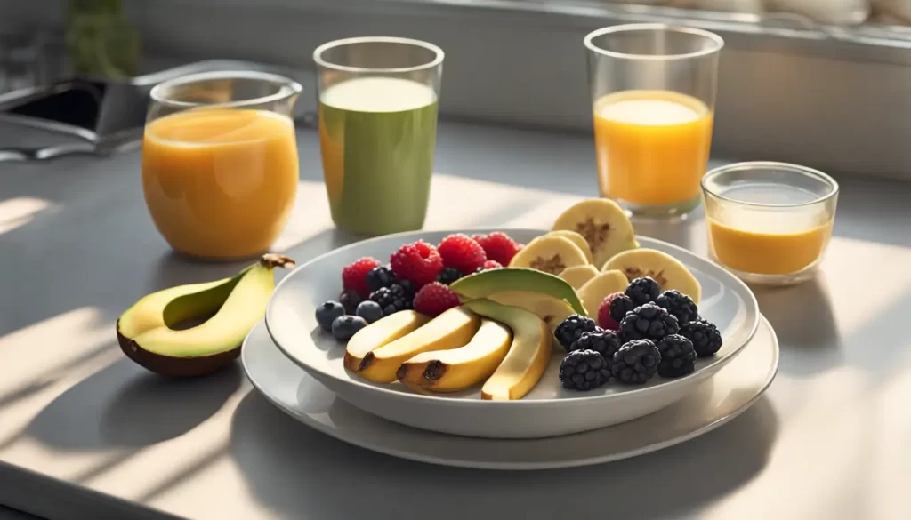 Uma cozinha moderna com uma bancada iluminada pelo sol da manhã, contendo uma tigela de frutas vermelhas, banana fatiada, suco de laranja, chá verde, torradas integrais com abacate e um prato de amêndoas e nozes.