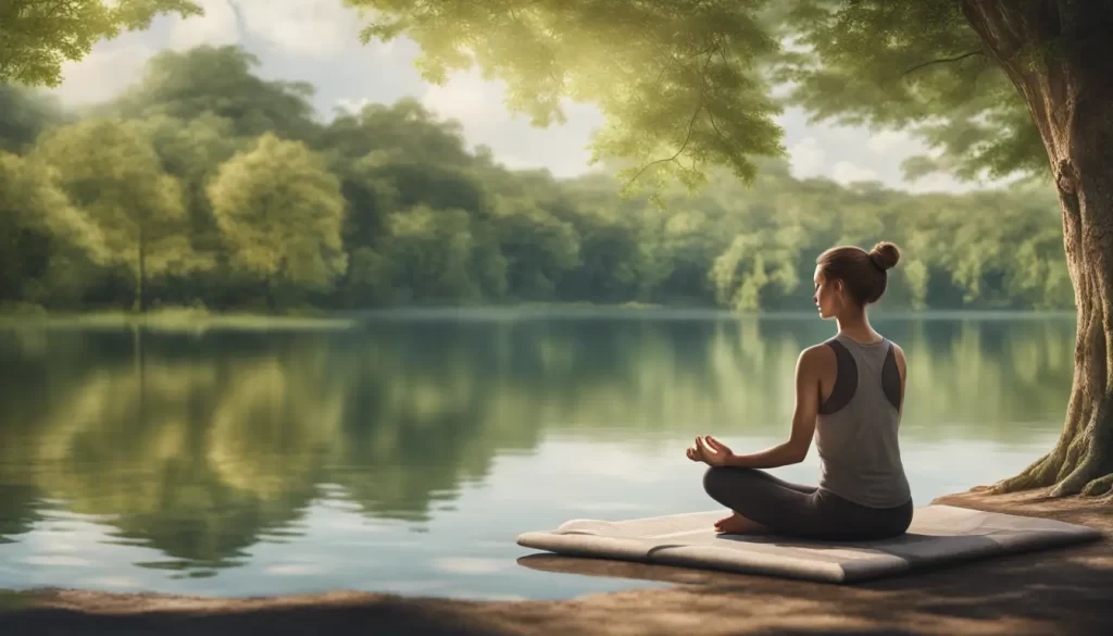 Pessoa meditando ao ar livre em um tapete de ioga, cercada por árvores verdes e um lago tranquilo ao fundo, com luz solar suave filtrando pelas folhas.