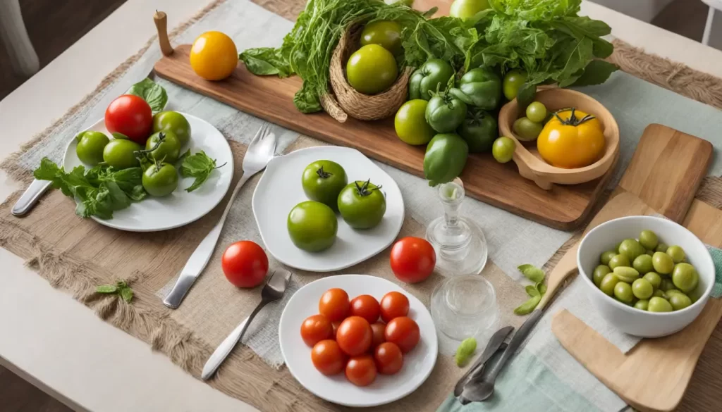 Mesa com salada saudável, chá verde, azeite de oliva, limão e alho, representando dicas naturais para tratar a gordura no fígado.