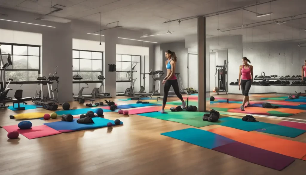 Pessoa de meia-idade levantando haltere em uma sala de estar moderna com equipamentos de ginástica, destacando a criação de um plano de exercícios personalizado.