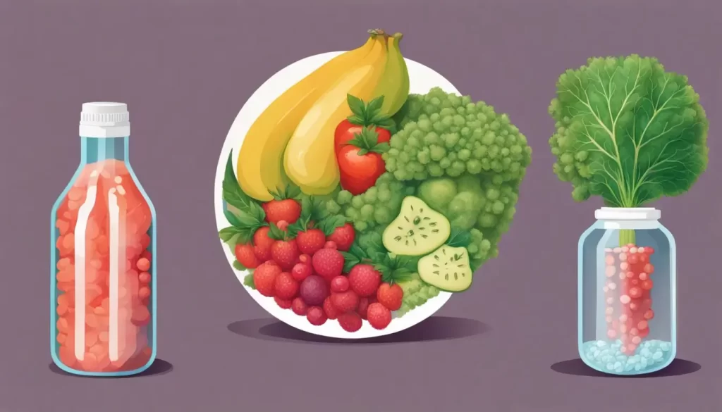 Ilustração médica do fígado com vesícula biliar contendo pedras, acompanhada de alimentos saudáveis como vegetais, frutas e água, prevenindo pedras na vesícula.