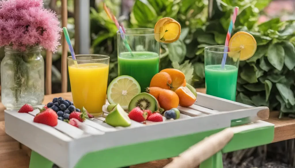 Mesa de madeira com prato de frutas, copo de suco verde, bloco de notas e penetra, em frente a uma janela com luz solar e plantas em vasos.