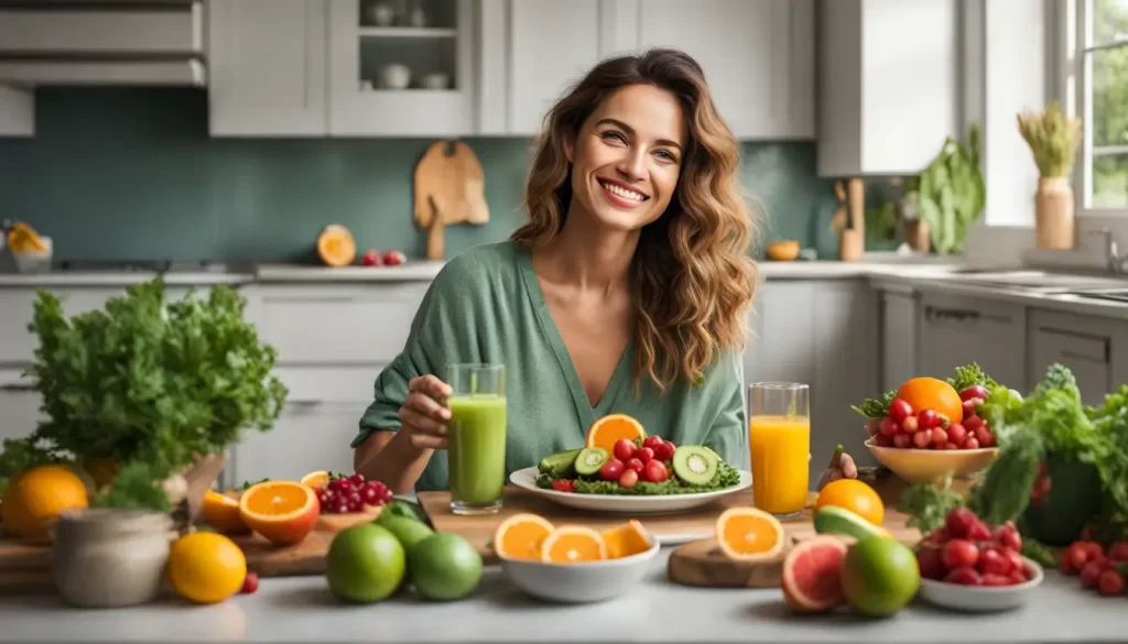 Mulher sorridente de 30 anos sentada à mesa com saladas coloridas, frutas frescas e suco verde, em uma cozinha moderna iluminada com plantas ao fundo.