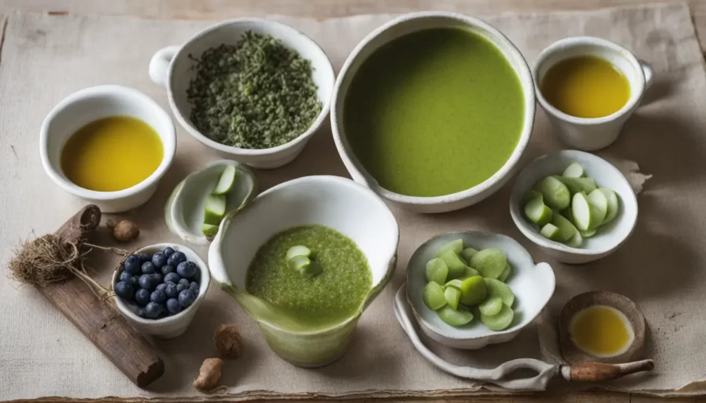 Imagem mostrando uma bancada de cozinha com ervas medicinais frescas, um almofariz e pilão de mármore e uma xícara de chá, destacando dicas para incorporar ervas medicinais na rotina diária.