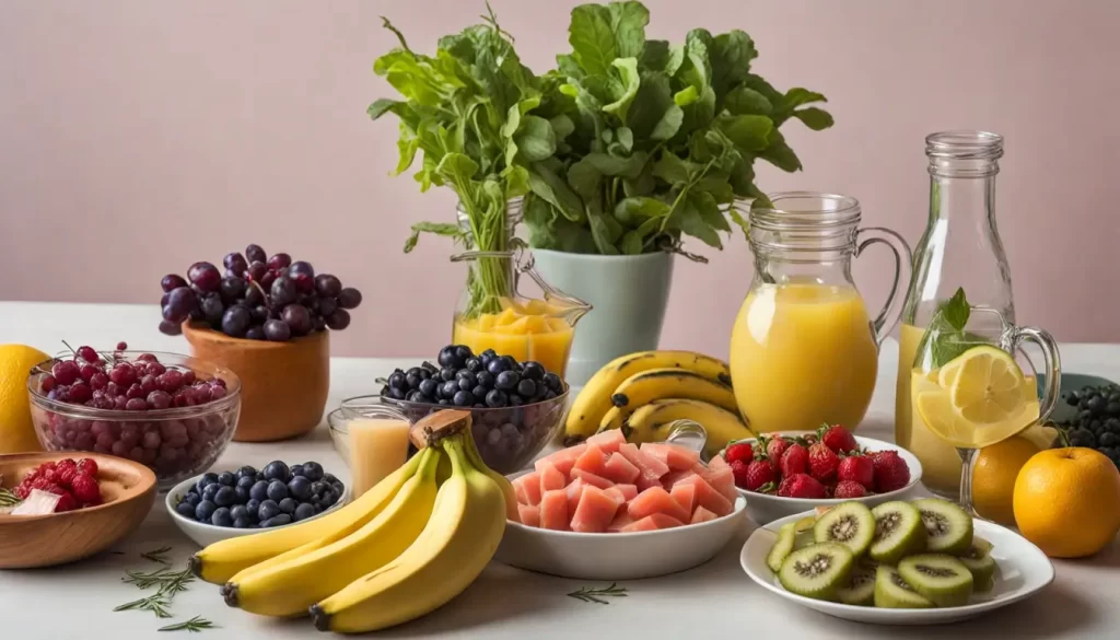 Mesa de cozinha com alimentos saudáveis como frutas, vegetais e salmão grelhado, destacando opções para reverter a esteatose hepática.