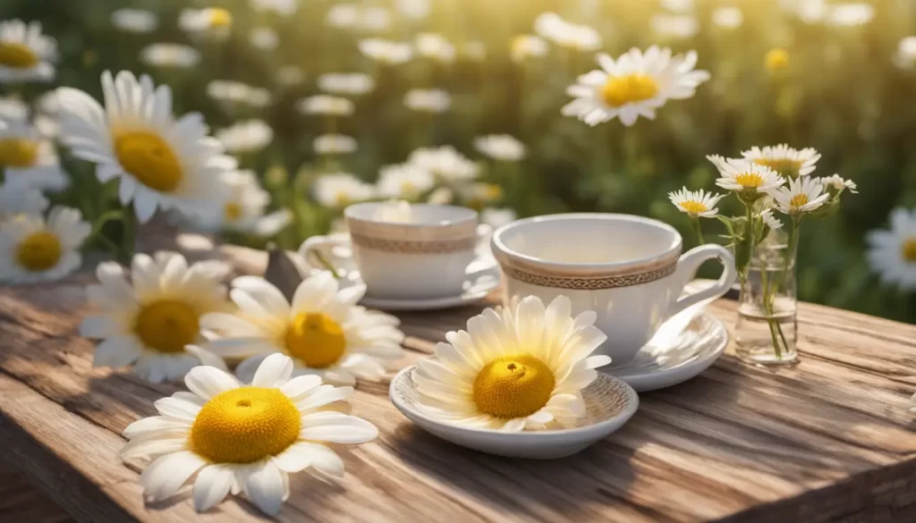 Xícara de chá de camomila sobre uma mesa de madeira, cercada por flores de camomila e uma janela mostrando um jardim ensolarado ao fundo.