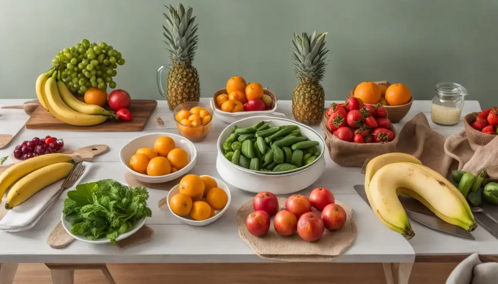 Mesa de cozinha com frutas frescas, vegetais, suco verde e nozes, promovendo estratégias de nutrição para revitalizar o corpo naturalmente.